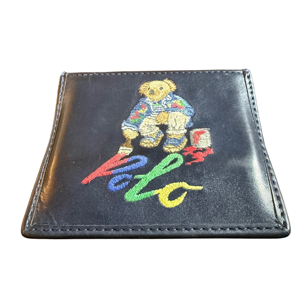 Polo Ralph Lauren Bear Leather Slim Card Case Wallet Navy Paint Artist Embroider